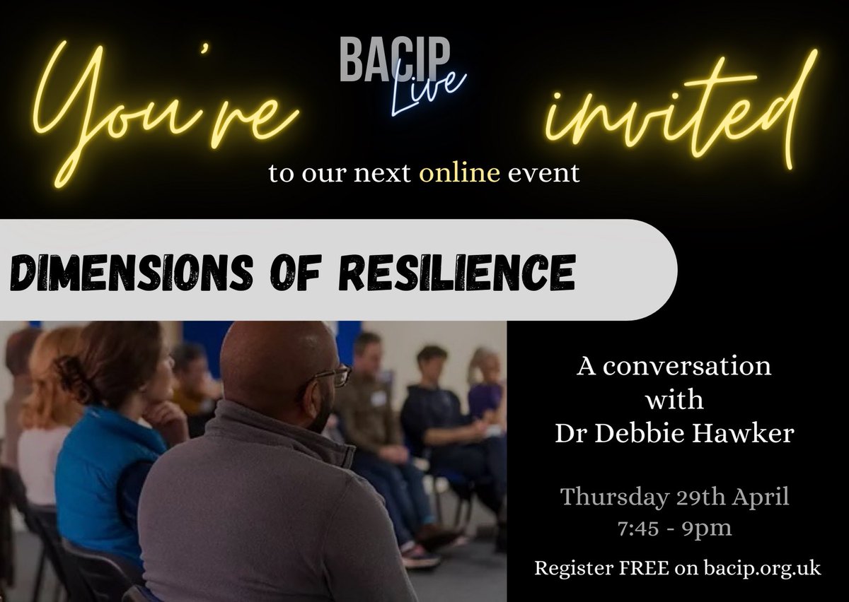 BACIPmedia's tweet photo. Join us next Thursday 29th April at our BACIP Live event where psychologist Dr Debbie Hawker shares, from her co-authored book Resilience in Life and Faith: Finding your strength in God, a holistic view of resilience, as spiritual, physical, emotional, cognitive and systemic. https://t.co/kdCoKmbR3Z