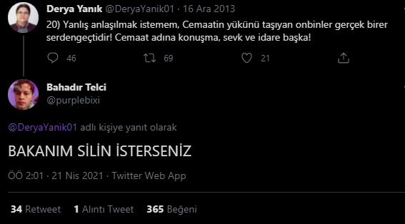 Bu Nasıl Haber? (@bunasilhaberler) on Twitter photo Twitch yayıncısı Bahadır "<a href="/purplebixi/">Bahadır Telci</a>" Telci, yeni atanan Aile ve Sosyal Hizmetler Bakanı Derya Yanık'ın eski bir tweetinin altına "BAKANIM SİLİN İSTERSENİZ" notunu düştü. Twitch yayıncısı Bahadır "<a href="/purplebixi/">Bahadır Telci</a>" Telci, yeni atanan Aile ve Sosyal Hizmetler Bakanı Derya Yanık'ın eski bir tweetinin altına "BAKANIM SİLİN İSTERSENİZ" notunu düştü.