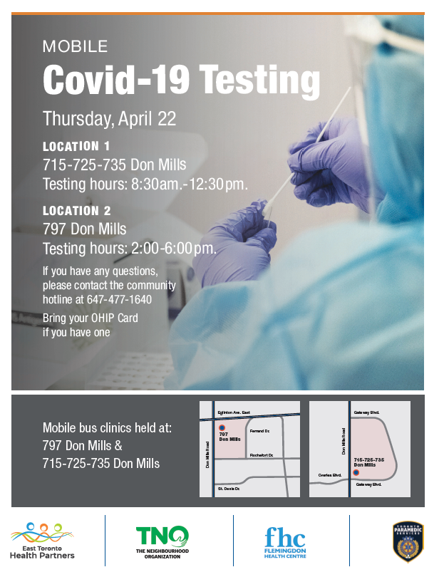 TNOtoronto's tweet photo. There will be a Mobile COVID-19 Testing for Flemingdon Park residents living in buildings 715-725-735 and 797 Don Mills on Thursday, April 22nd For more information, contact the community hotline 647 477 1640 #TNO #FHC #ETPH #FlemingdonPark #covid19testing https://t.co/kHbbrBrm05