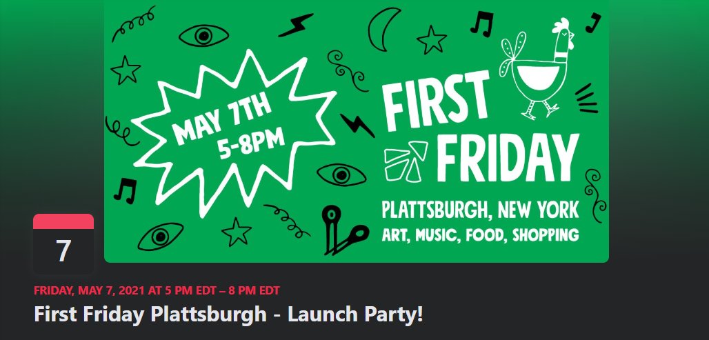 Save the date! The First Friday kick-off in downtown Plattsburgh will be on May 7th, a community event to showcase the food, art, music, & entertainment of the city's businesses. Thanks to @thelinkadk, Adirondack Art House, & City Well for organizing #shoplocal #SmallBusiness