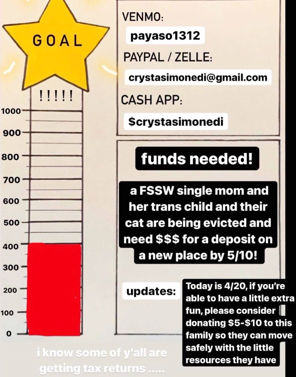 *Repost &amp; Interact!* “Funds Needed!! A FSSW single mom and her trans child and their cat are being evicted and need funds for a deposit on a new place by 5/10.” Please consider redistributing some of your stimulus or tax return this way! Comment to boost!🖤🖤