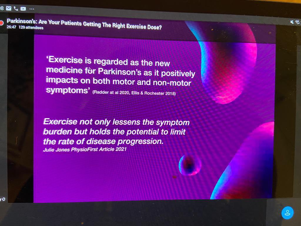 SouthEastACPIN's tweet photo. Excellent talk tonight @PhysioBec &amp; Vicky Knight sharing your knowledge &amp; practical tips to help get the exercise dose right for people with Parkinson’s who are so often under challenged. Lots to put into practice! Please donate to @CureParkinsonsT as a thanks for their time https://t.co/wjPTNfrpWQ