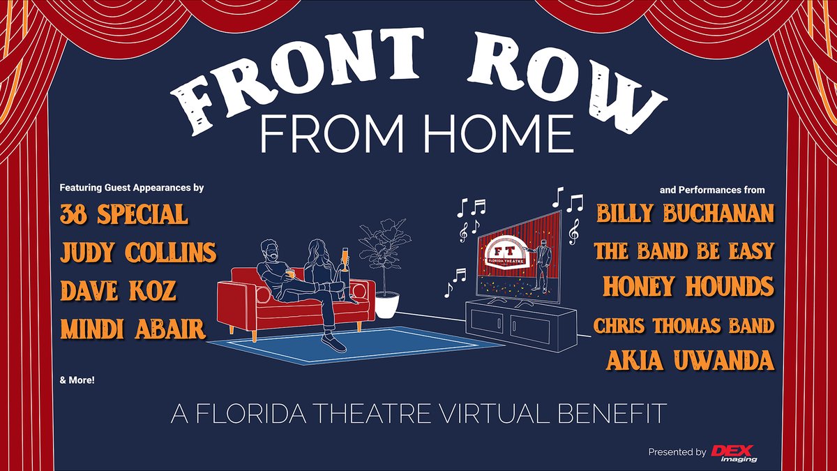 FloridaTheatre's tweet photo. T-3 weeks until #FrontRowFromHome: A @FloridaTheatre Virtual Benefit Sponsored by @DexImaging! You can watch the show LIVE on May 13 for FREE at https://t.co/Jge835wxv8 or watch like a VIP (with cocktails, merch and more!) at https://t.co/j0ZzPavLA8! 🎟️ https://t.co/nxbyMacrtr