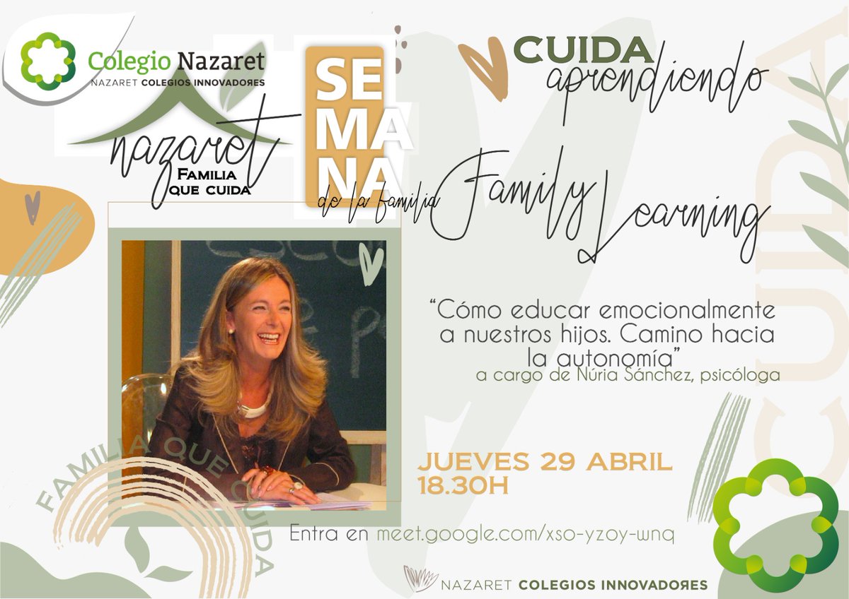 RealejosNazaret's tweet photo. ¡Nuevo encuentro de formación para las familias! @nusapove nos hablará de cómo educar emocionalmente a nuestros hijos para crecer en autonomía. Jueves 29 de abril a las 18,30h. ¡Te esperamos! #SemanaDeLaFamilia @coleinnovadores #OportunidadesDeOro #EstrenaAprendizaje https://t.co/x2RrPmLOvk