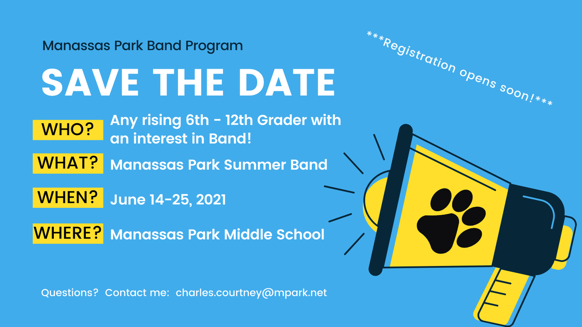 Band Camp is coming! Rising 6th-12th graders with an interest in band, mark your calendars for June 14-24, and stay tuned for more information!