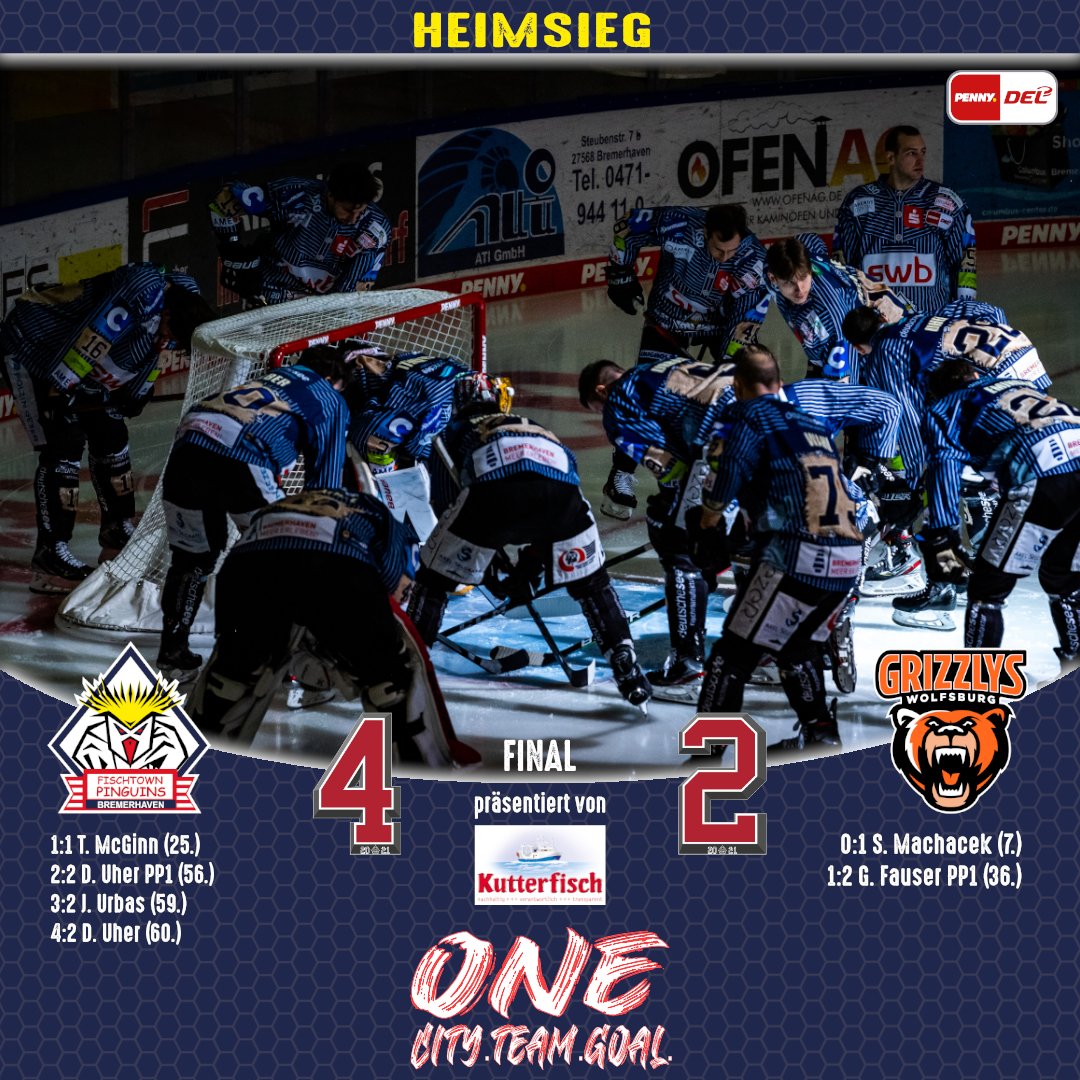 JAAAAAAAAAAAAAAAAAAA!!!! Pinguins drehen das Spiel im letzten Drittel und schlagen die Grizzlys Wolfsburg mit 4:2 und holen den ersten Punkt in der Serie.
Das Endergebnis präsentiert Kutterfisch-Zentrale GmbH.
#WIRsindBHV #schnellsteZeit
