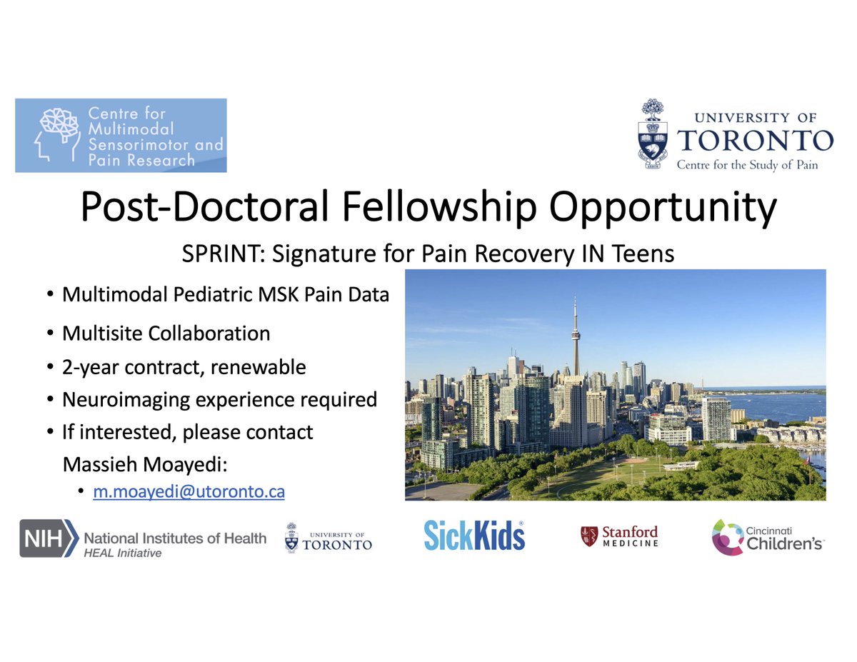 We're looking for a post doc for an <a href="/NIHPainResearch/">NIH Pain Research</a> HEAL multisite study on pediatric MSK #pain at <a href="/UofT/">University of Toronto</a>  

More about the study: sprint.stanford.edu

If you're interested, please contact @massihmoayedi 

#academicjobs #postdocjobs #AcademicTwitter #chronicpain
