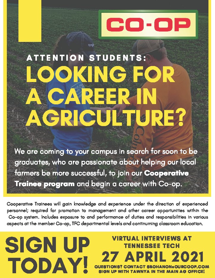 TFC_TrainingEd's tweet photo. WINGS UP, GOLDEN EAGLES!

We will be interviewing for our full-time, salaried #CooperativeTrainee positions at TENNESSEE TECH on Tuesday, April 27th!

Be sure to sign up for an interview with Mrs. Tawnya in the main ag office! https://t.co/cJ5K7IHHJB