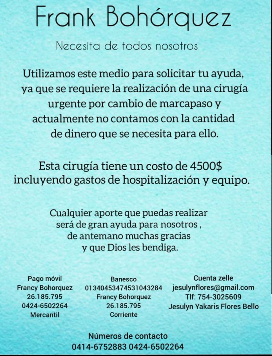 La solidaridad es el valor humano que nos mueve y nos acerca el uno al otro. Seamos solidarios <a href="/frankbohorquezg/">Frank Bohórquez</a> necesita con urgencia de todos ayudemos a FRANK comparte y etiqueta <a href="/somosnoticiacol/">SomosNoticiasCOL</a> <a href="/Ciudad_Ojeda/">Ciudad Ojeda 360</a> <a href="/comunidadenline/">Hendrik García Periodista Journalist</a> <a href="/FranciscoMaino4/">Francisco Mainolfi</a> <a href="/CitojenseStereo/">CitojenseStereo</a> <a href="/julioenradiotv/">Julio Flores</a>