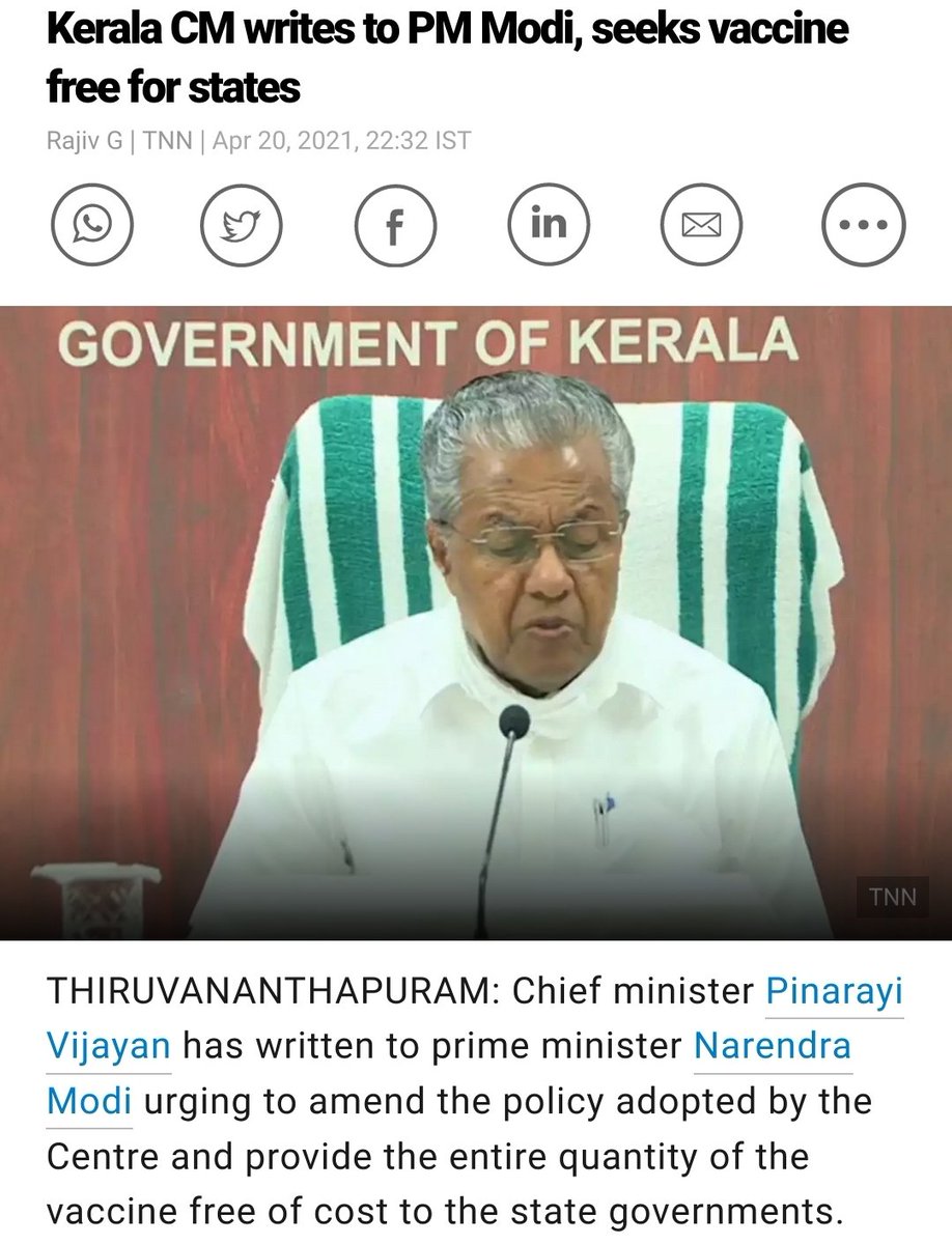 Pre election: Kerala CM says, state will provide free covid vaccine.Post election: Kerala CM writes to PM to provide free vaccines to states.Kerala model. 