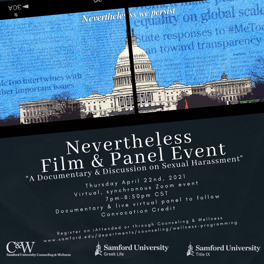 SUnivCounseling's tweet photo. Sexual Harassment is no joke. Learn more. Speak up. Make a difference. Register to join #Nevertheless, a virtual film and panel discussion Thursday @ 7pm from the comfort of your own room! #CONVO (link in bio)

Register on iAttended or https://t.co/x62dp94CVD https://t.co/o6KfnTDoad