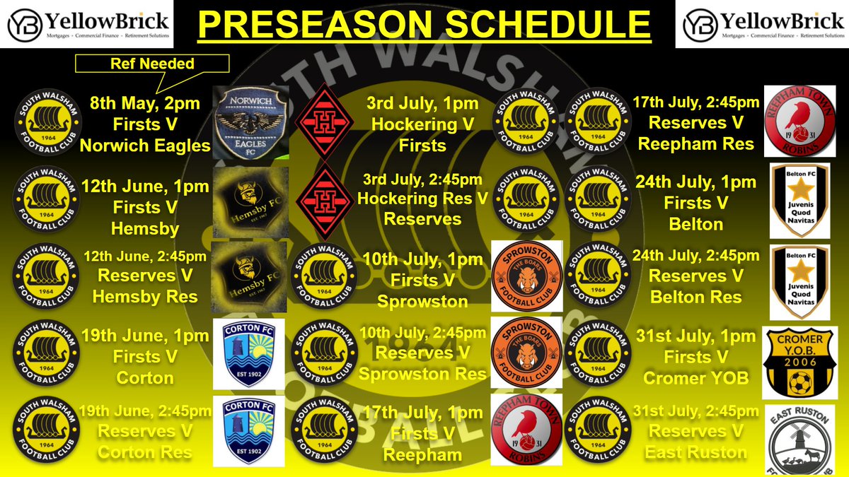southwalshamfc's tweet photo. OUR PRESEASON SCHEDULE 👀
@EaglesNorwich @HemsbyFC20 @CortonFC @FCHockering @fcsprowston @Reepham_Town_FC @fc_belton @YobFc @EastRustonFC https://t.co/rVgNKAdE4f
