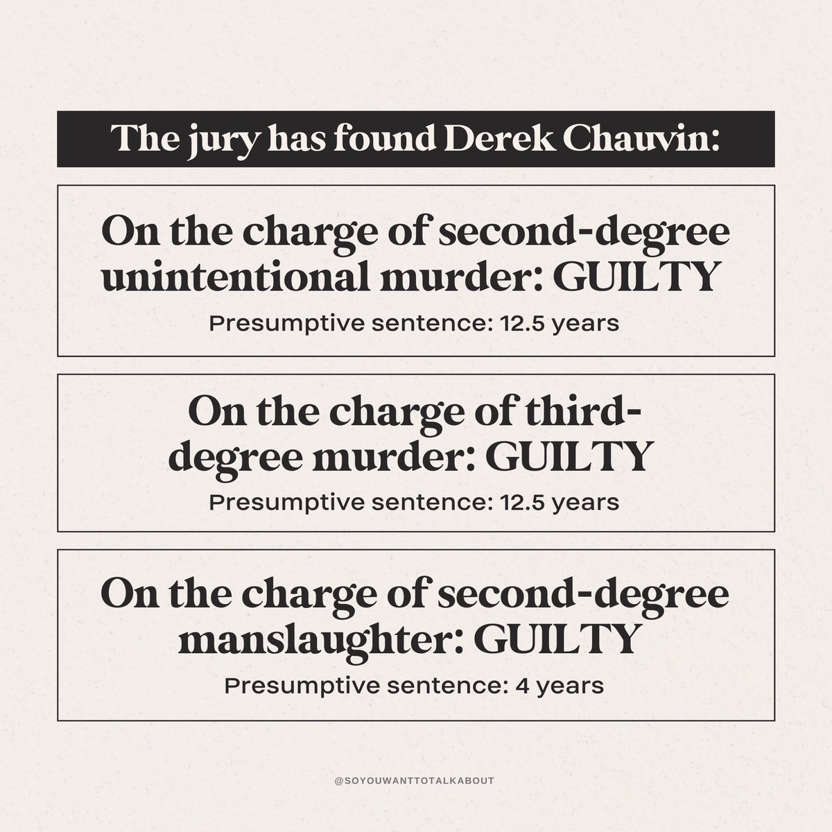 _soinformed's tweet image. The jury has found Derek Chauvin GUILTY of murdering George Floyd. Sentencing will take place at a later date.

There will never be justice for George Floyd. He should still be alive today. This is accountability. This is a start.