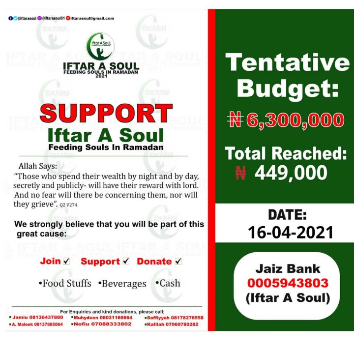This is actually the first phase. 

We are still in need of financial help to realize our tentative budget.

Please find in the attached picture the account details to donate. 

#Ramadan2021 #IftarASoul #FeedASoul