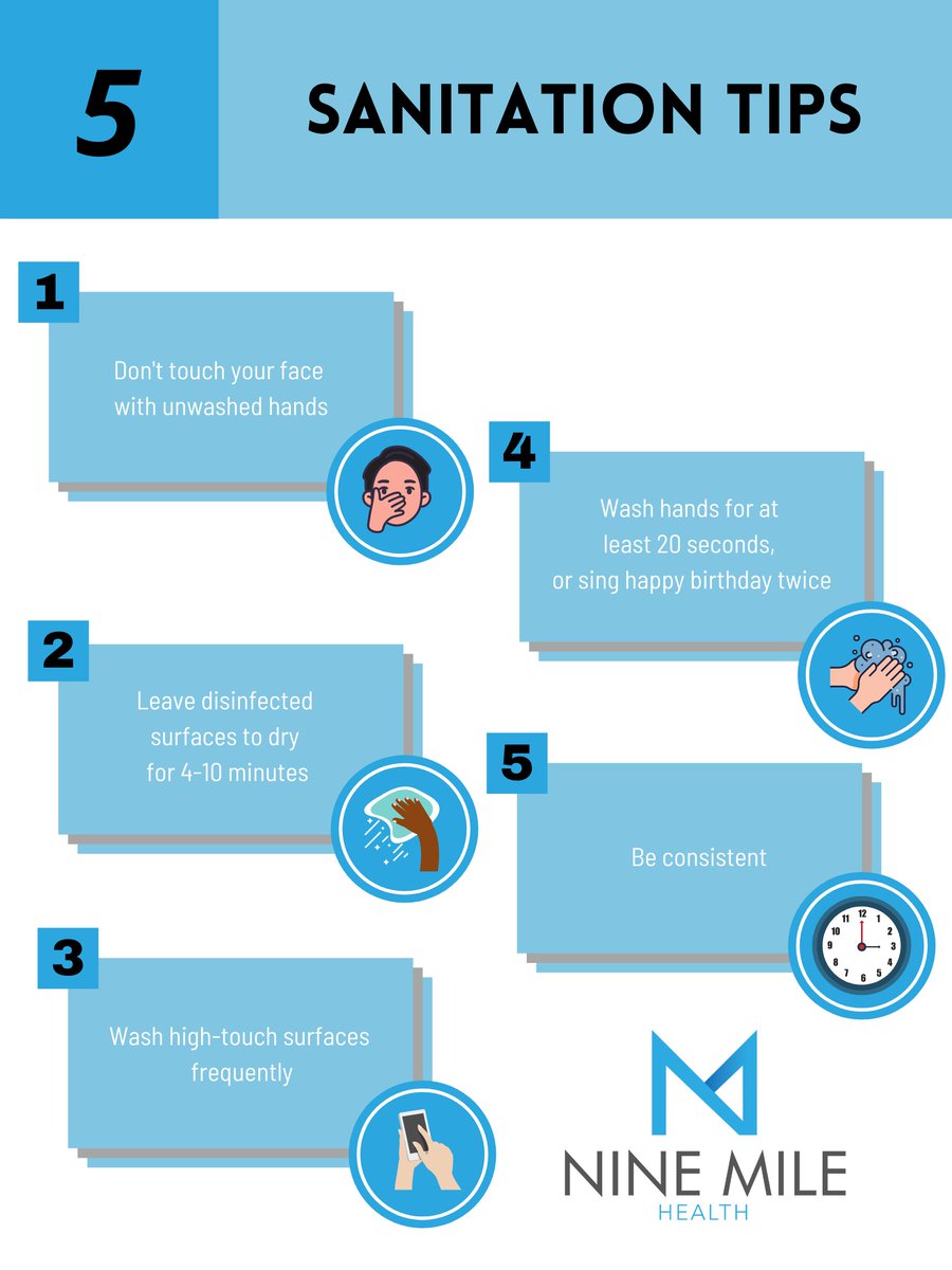 NineMileHealth's tweet photo. We're keeping it simple this Tuesday with some tips to improve sanitation, hygiene and safety at home or at work. We want to keep you safe no matter where you are! https://t.co/nmmGZlOOF6
