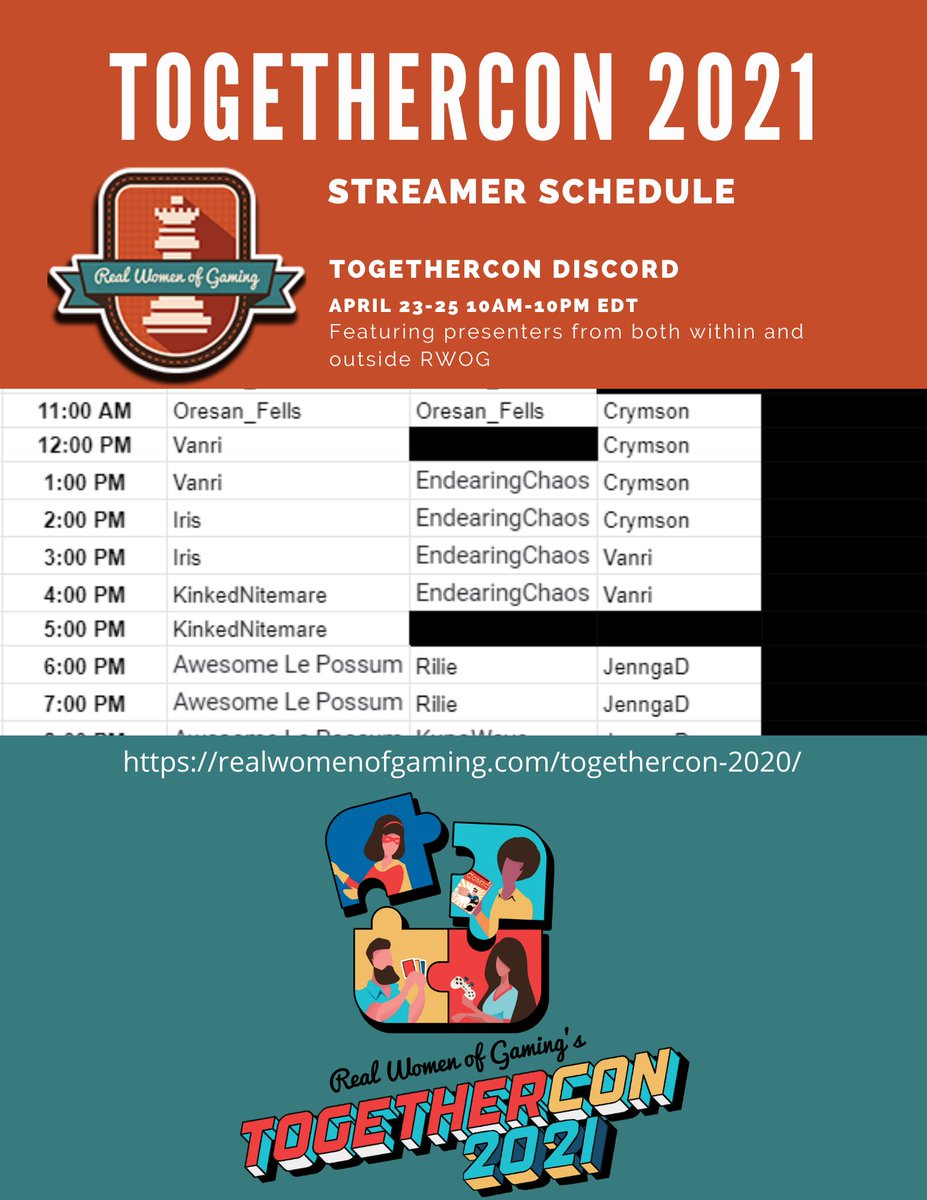 RealWomenGaming's tweet photo. They're FINALLY  here. @vanritherogue has finalized the #TogetherCon2021 schedules. Get your first look here! https://t.co/Fg4IqOwh6b