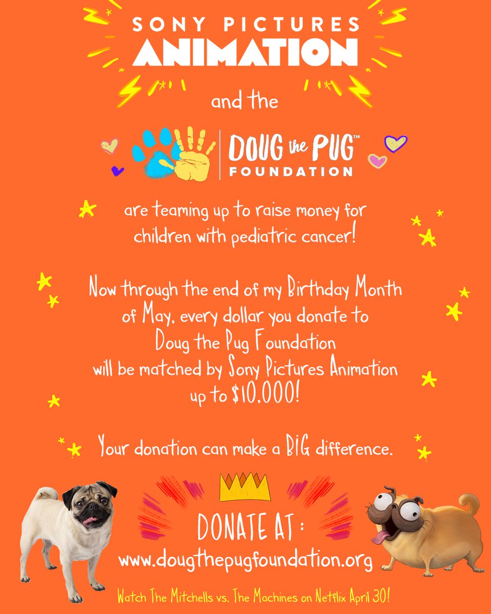 MitchellsMovie's tweet photo. We 💛 this good boy!

Join us in celebrating @itsdougthepug's upcoming birthday AND his first big movie role. For the next month, @SonyAnimation is matching every dollar donated to the @DTPfoundation up to $10,000.

If you can, please consider giving at https://t.co/hVF7X6hZJb. https://t.co/AdM2CtTAWj