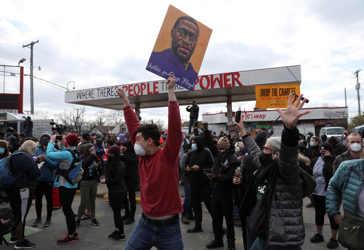 People celebrate after the verdict was announced at George Floyd Square, outside the Cup Foods grocery store where he was killed, in Minneapolis. More live video of celebration:  https://bit.ly/3dBpzok    @adreeslatif