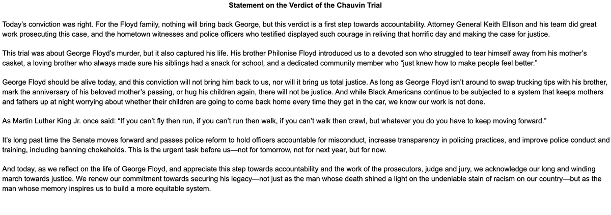 My statement on the conviction of Derek Chauvin for the murder of George Floyd: