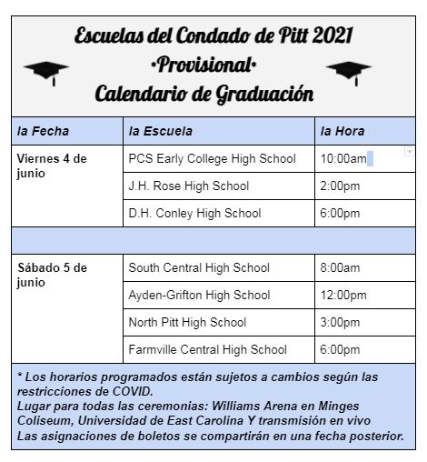 Tentative Graduation Schedules for the PCS class of 2021