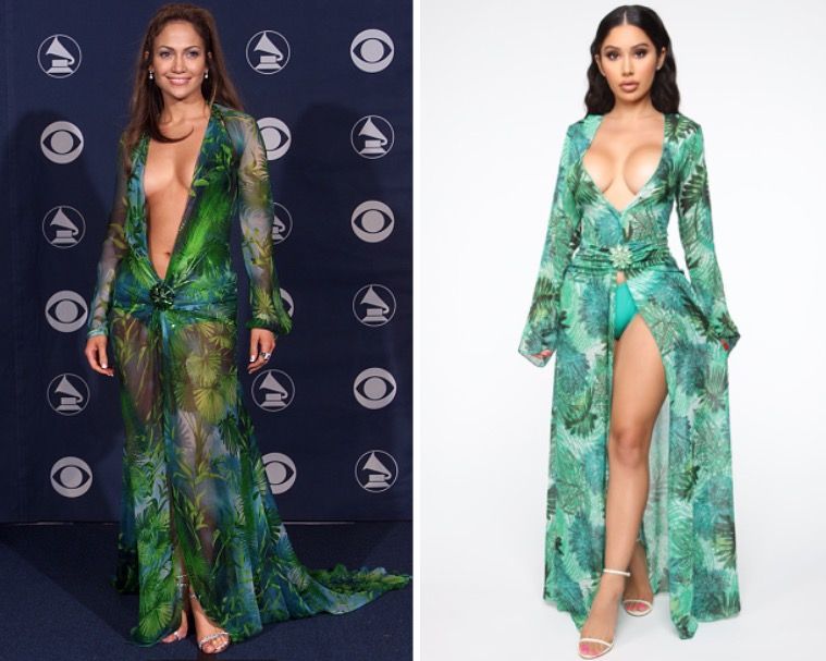 10. The iconic Versace jungle print Barocco print dress that was copied by Fashionova which Jennifer Lopez had worn in 2000 at the 42nd Grammy Awards at the Staples Center in Los Angeles, California and was brought back again during the Spring 2020 show during the Milan Fashion