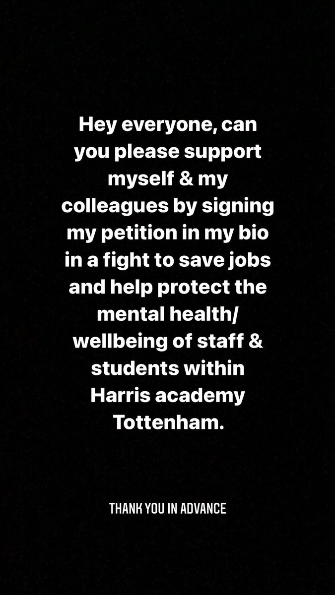 Hey everyone, today I was suspended from my role as a PE teacher in Harris academy Tottenham due to this petition I’ve created. If you can please support me & my colleagues by signing the petition it would be much appreciated ❤️✊🏾 Petition link chng.it/4TcnscBf