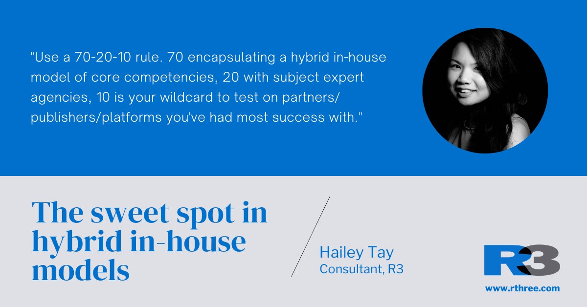 R3WW's tweet photo. R3's Hailey Tay discusses the best strategy for finding the sweet spot in hybrid in-house models. #ourpeople #inhouseagency #agencymodels https://t.co/EibMKI8Tjs