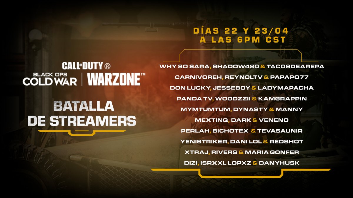 ¡Batalla de Streamers de #Warzone con equipos confirmados y lobby privado!

1er día - 4️⃣0️⃣ tríos entran. 🙋🏾‍♂️
2do día - Los 🔝 25 compiten por el gran premio.

La #BatallaCOD será el 22 y 23/04, a las 6PM CST, con transmisión por parte de @Queretar0ck, <a href="/PsycOrNve/">PsycOrN</a> y <a href="/3djuegos/">3DJuegos</a>.