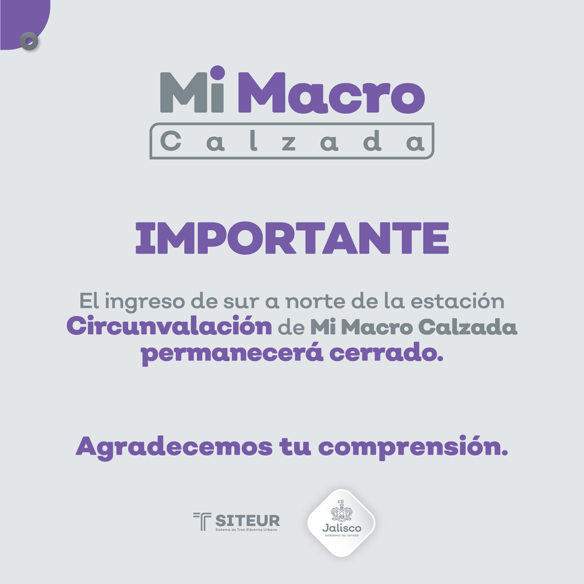 SITEURJAL's tweet photo. Por obras en el carril confinado en sentido sur-norte, el acceso a las unidades de #MiMacro Calzada en la estación Circunvalación permanecerá cerrado. 

El servicio operará con normalidad y podrás ingresar por las estaciones contiguas: 
➡️Monte Olivette 
➡️Ciencias de la Salud https://t.co/1D34H3BW02