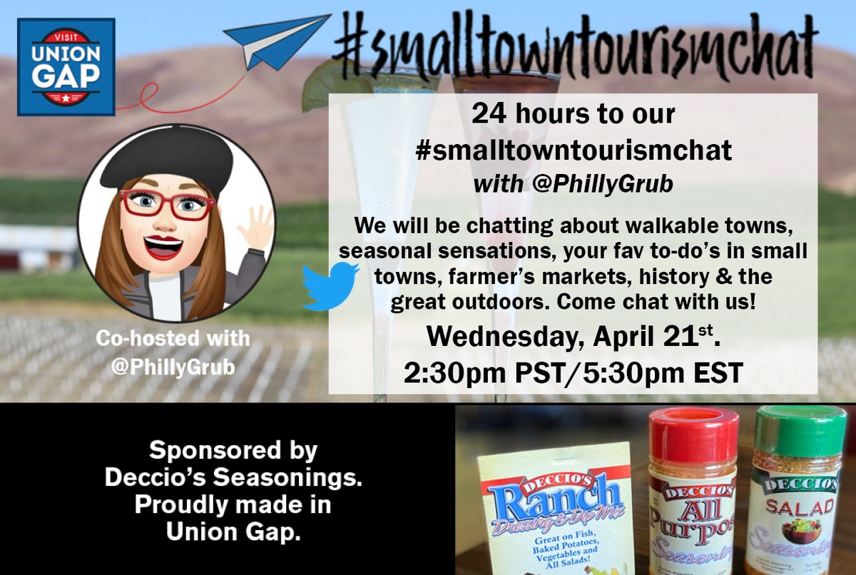24 hours til monthly #SmallTownTourismChat w/cohost @phillygrub - Upcoming 2021 cohosts include @BellinghamExp @LoveIrvington @TalesOfTiredMom @SouthernerSays & @drugstoredivas - DM if interested to cohost other months. This month chat is 4/21 at 2:30pm PST/5:30 EST