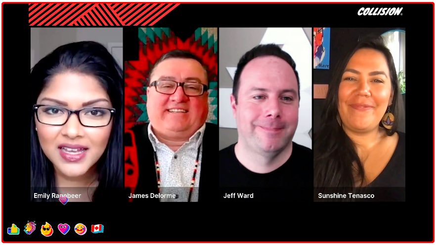 the_A100's tweet image. Outstanding panel at @CollisionHQ on “Innovation and inclusion in Canada: A First Nations perspective” featuring Sunshine Tenasco, James Delorme and Jeff Ward #indigenoustech #tech @HERBRAIDS @James_ADelorme @jeffio @EmilyAR_