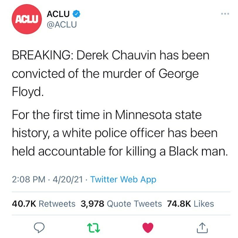 Today, for the first time in state history, a white police officer has been held accountable for killing a Black man. Now, we can finally say George Floyd’s name and make it synonymous not only with grief, anger, and loss over his brutal murder, but with a moment of justice.