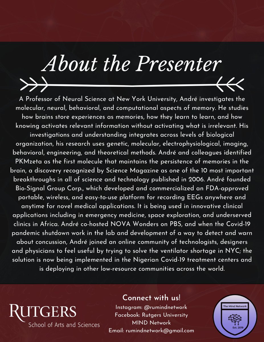 The RU MIND Network will be having its inaugural event featuring Dr. André Fenton <a href="/aa_fenton/">Andre Fenton</a> this Friday, April 23 from 12-1:30 PM EST, followed by a Q&amp;A and Networking opportunities. Click the link below to RSVP:

docs.google.com/forms/d/e/1FAI… #research <a href="/FentonLab/">Fenton Lab</a> <a href="/RutgersU_News/">Rutgers Today</a>