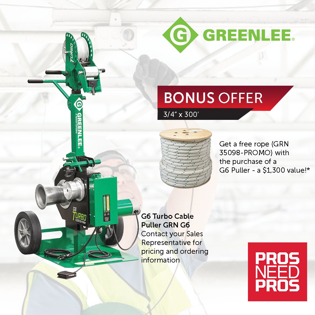 VikingElectric's tweet image. Be more efficient, pull heavy loads (up to 6,000 lbs.) at faster speeds, and reduce downtime with Greenlee's G6 TURBO Puller. Plus! Get a free rope (GRN 35098-PROMO) with the purchase of a G6 Puller - a $1,300 value!**

#VikingElectric #Greenlee #ProsNeedPros