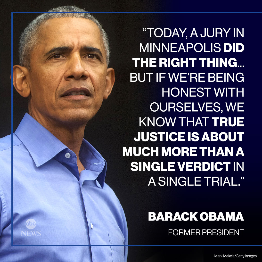 BREAKING: Former Pres. Barack Obama on Chauvin verdict: "Today, a jury in Minneapolis did the right thing...But if we’re being honest with ourselves, we know that true justice is about much more than a single verdict." abcn.ws/3n6XYOY