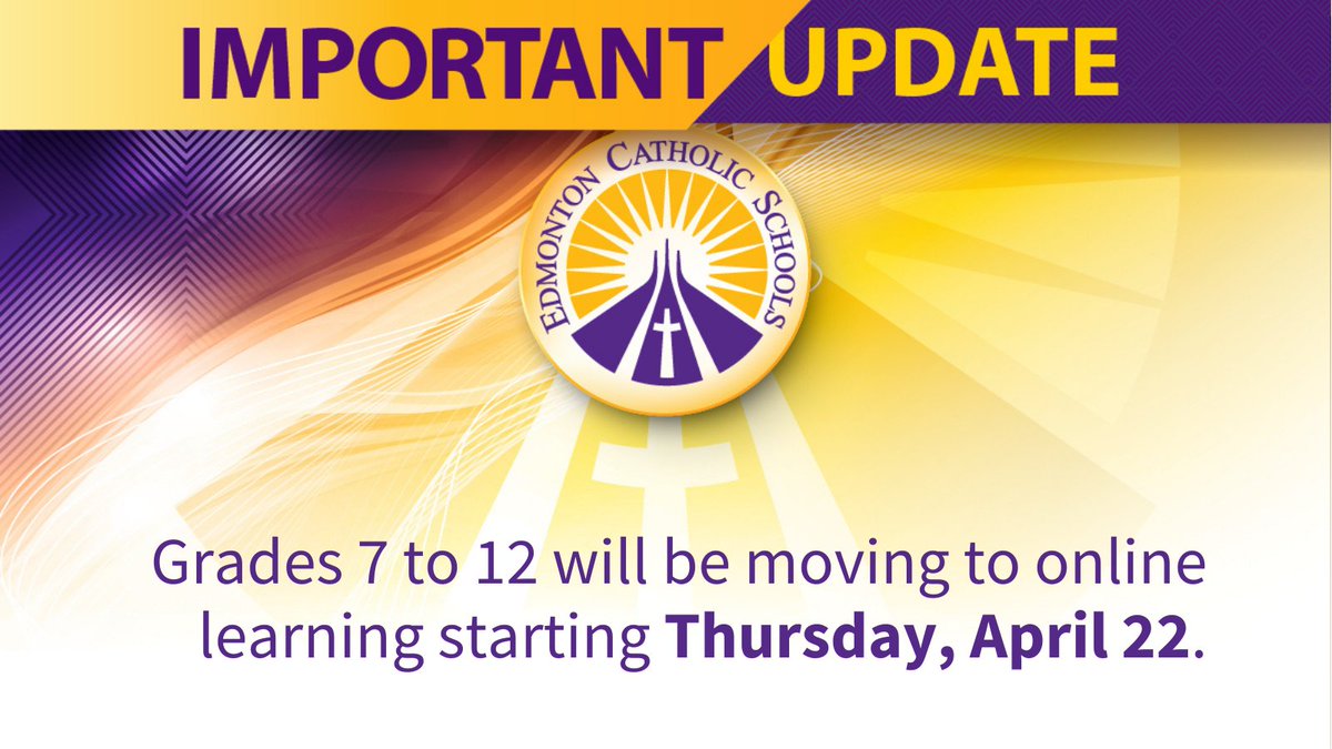Grades 7 to 12 students in Edmonton Catholic Schools will be pivoting to online learning starting on Thurs, April 22. In-person learning is expected to resume on Thurs, May 6. Please read the latest update from our Chief Superintendent. bit.ly/7-12pivotonline #ECSDfaithinspires