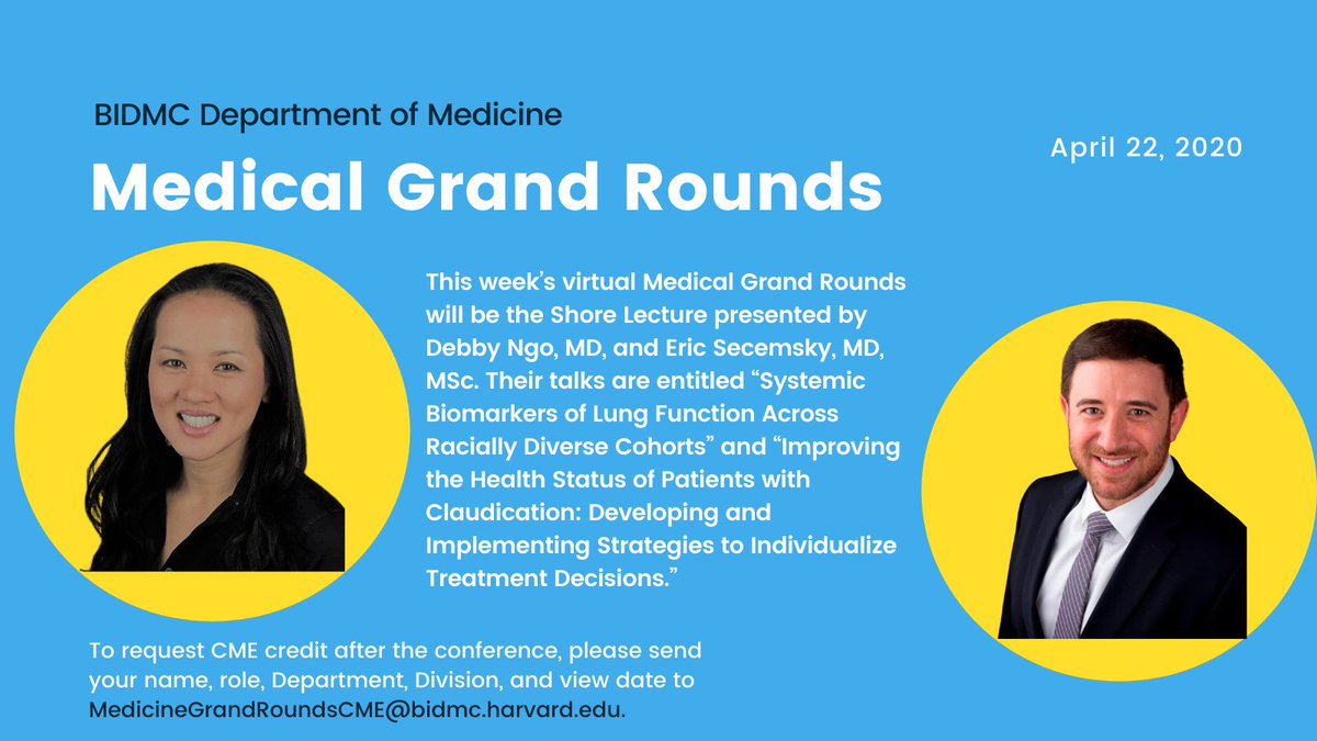 This week's Medical Grand Rounds will be the Shore Lecture presented by Debby Ngo, on the systemic biomarkers of lung function, and Eric Secemsky, on improving the health status of patients with claudication. Join us! 📅 Thursday April 22 🕗 8 am