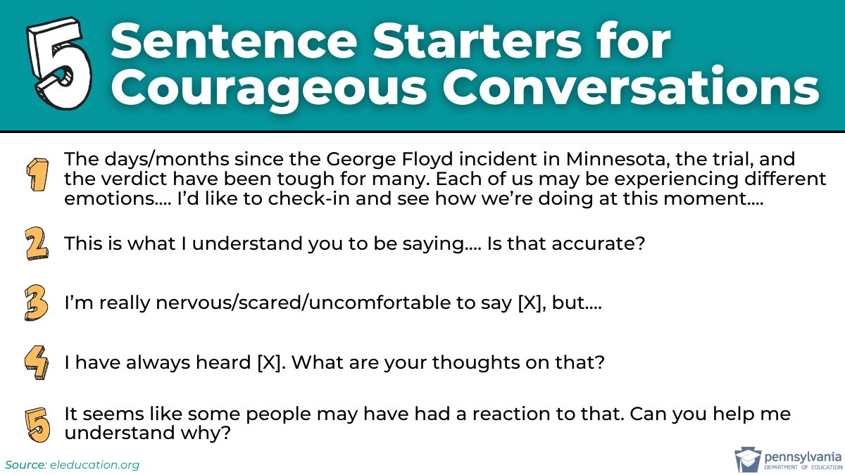 PADeptofEd's tweet image. Your community may be exhibiting a range of emotions right now. These emotions are important to acknowledge + support in safe and trusted spaces.

We offer sentence starters ⤵️ to engage your community + support the very important and brave conversations that are/will take place.