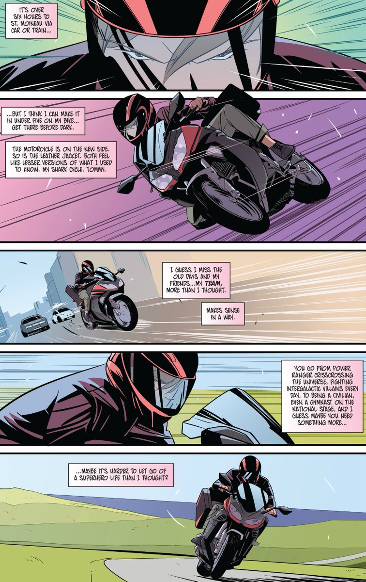 Power Rangers Pink from Boom shows this in action with Kim being this secret agent biker for Zordon who get her own black leather suit and if you watch the show you start to wonder where this shit came from. Arcee in IDW shows an example of this too.