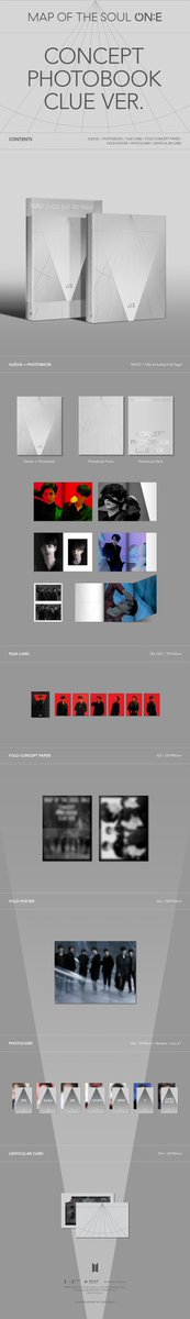 BTS Map of the Soul ON:E CONCEPT PHOTOBOOK - CLUE version, ROUTE version - Pre-order Apr 22 at 11am KST - Release May 24 Weverse Shop, June 23 JPN CONTENTSSleeve + photobook (128p/112p)Film card 7eaFold concept paperFold posterPC 1 of 7Lenticular @BTS_twt