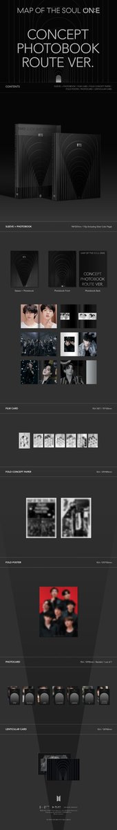 BTS Map of the Soul ON:E CONCEPT PHOTOBOOK - CLUE version, ROUTE version - Pre-order Apr 22 at 11am KST - Release May 24 Weverse Shop, June 23 JPN CONTENTSSleeve + photobook (128p/112p)Film card 7eaFold concept paperFold posterPC 1 of 7Lenticular @BTS_twt