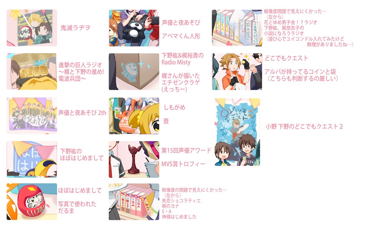すみません、入れ忘れてたキャラがいたので再投稿です。
キャラ似せがあまりできてなかったので描いたキャラクターまとめてみました。(誤字あったらごめんなさい)おまけで小ネタも。
こちらも見て楽しんでもらえたらと思います。 