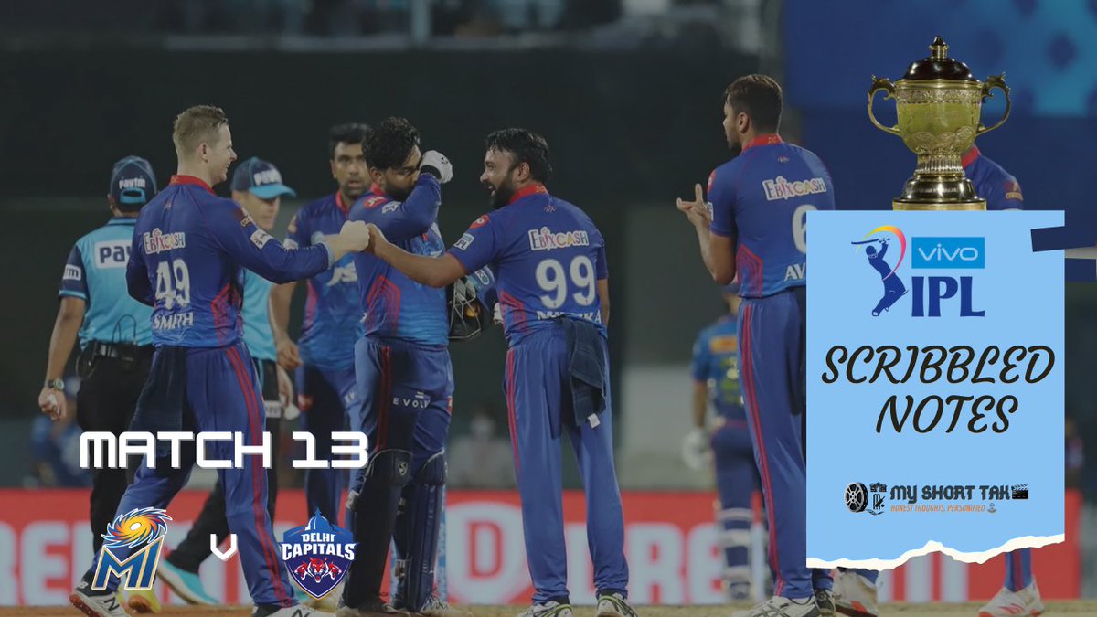 midhunmenonp's tweet photo. Ep13: @mipaltan v @DelhiCapitals
A non-choking DC does a clinical job by evading the MI death trap!
You can read more @ https://t.co/L2MYxtJSni
#IPL2021 #IPL #ScribbledNotes #MIvDC
#CricketLive @AMP86793444 https://t.co/ZEqkdTd2FI