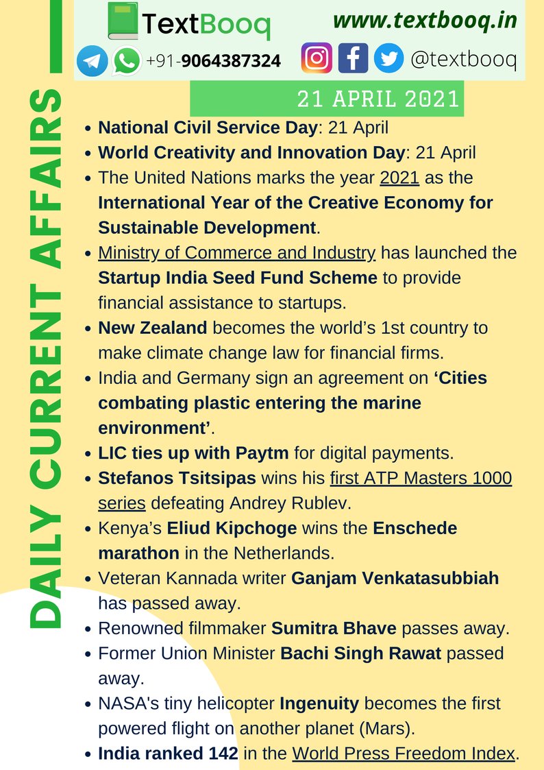 textbooq's tweet photo. #CivilServiceDay #CivilServicesDay2021 #UPSCExtraAttempt #UPSC_EPFO #UPSCexampostpone
#currentaffairs
#textbooq
Daily Current Affairs 21 April https://t.co/poGW3fJ3x4