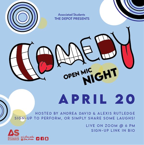 Are you a joker, smoker, midnight toker? 😎 Join us for Comedy Night TODAY, April 20th at 6PM for an evening full of HIGH energy, jokes and laughs! @AndreaFlexine <a href="/Rideslikealexus/">Alexis Rutledge</a> 

Sign-up link in bio. 
———
#ComedyNight #SFSU #SF #SFState #SeeWhatWeDidThere? #ComeThru #GoGators