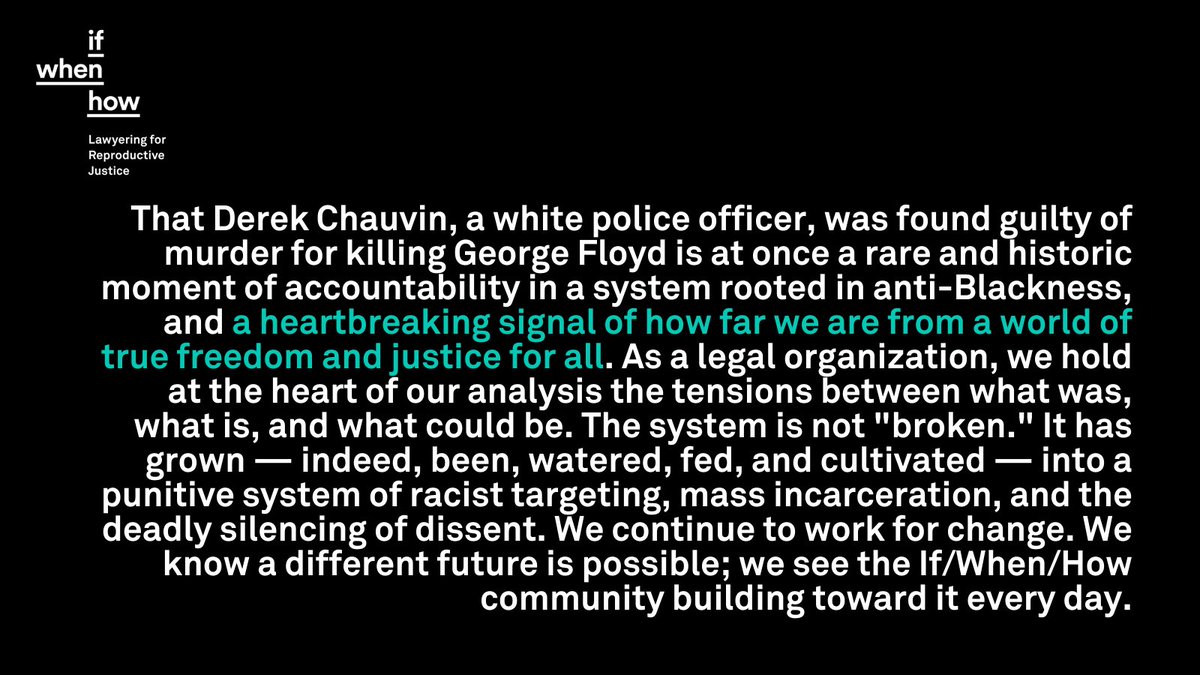 That Derek Chauvin, a white police officer, was found guilty of murder for killing George Floyd is at once a rare &amp; historic moment of accountability in a system rooted in anti-Blackness, &amp; a heartbreaking signal of how far we are from a world of true freedom and justice for all.