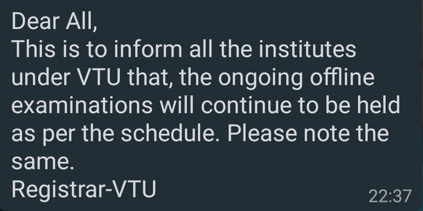 VivekTM_06's tweet photo. Speechless... Govt: Close all schools and colleges, decision of exam within VTU
VTU: We'll go ahead with it, we know no SOPs are followed but still we want to finish it.
Engineering 1st sem students are Anti-Covid19 huh?
#VTU
#Lifeoverexam
#postponevtuexams https://t.co/OBjPJkwOuG