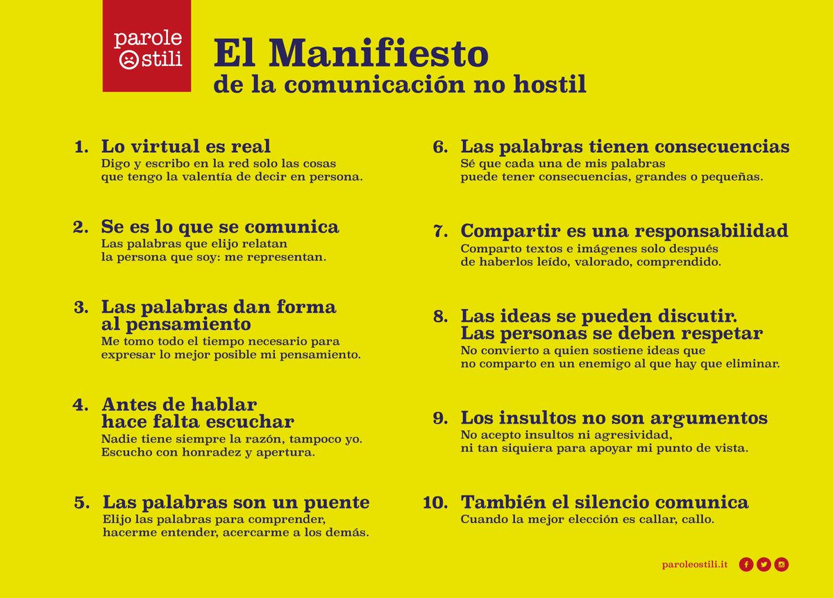 CentennialDig's tweet photo. El Manifiesto de la comunicación hostil por @ParoleOstili recopila una guía para una conducta adecuada al comunicarse de forma verbal o escrita tanto en #RedesSociales como en persona. 
#digital #CentennialDigital #ComDigital2021 N.T G.S https://t.co/J5Ek0b2Vjk