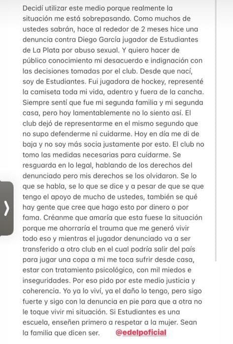 mauroszeta's tweet photo. La jugadora de hockey que denunció al futbolista Diego Garcia por violarla en una quinta de Abasto, se desvinculó del club Estudiantes de La Plata. Acá denuncia cómo el club prefirió dejar en el plantel al jugador ya indagado. Recien ahora decidieron cederlo a Talleres. https://t.co/RmRc98ljAI