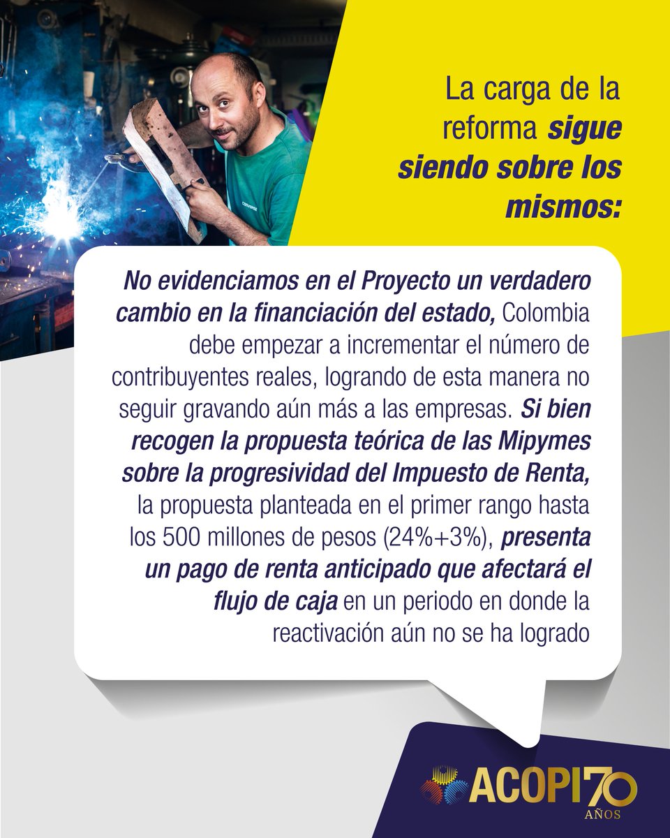 acopi_nacional's tweet photo. Desde ACOPI vemos con gran preocupación el proyecto de #ReformaTributaria denominado #ProyectodeSolidaridadSostenible, que  contiene una serie de propuestas que a nuestro parecer afectan directamente la Inversión y el crecimiento  económico. https://t.co/JjDtmlroNx